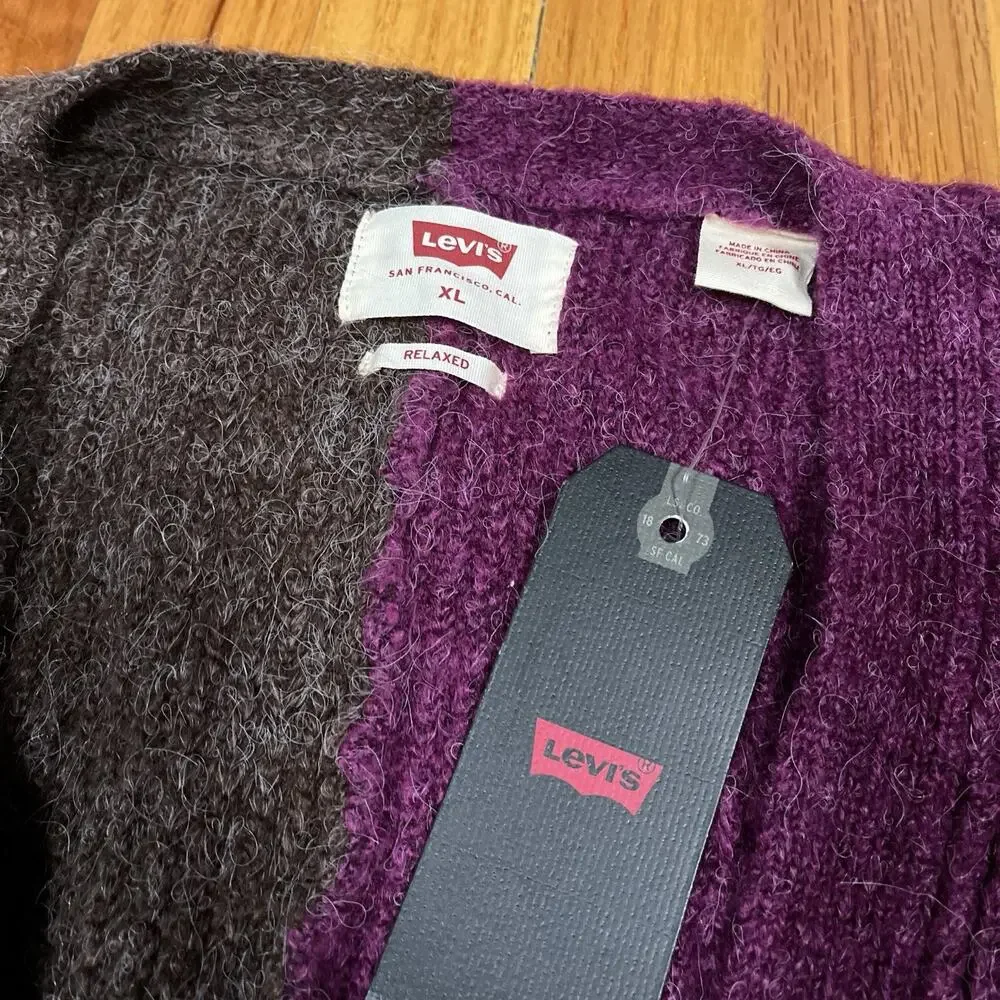 NWT Levi's Brown & Purple Split Coit Boxy Cardigan Size XL Two Tone Wool Acrylic